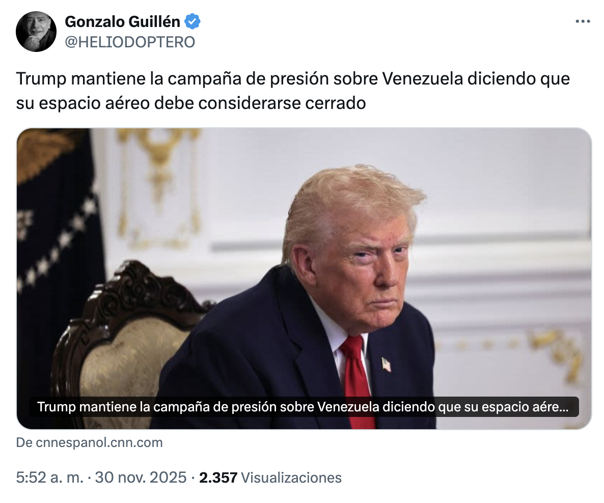 Trump mantiene la campaña de presión sobre Venezuela diciendo que su espacio aéreo debe considerarse cerrado